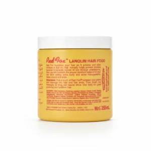 A 227g jar of Red Fox Lanolin Hair Food. The jar has a red and white label with the Red Fox logo and product name.