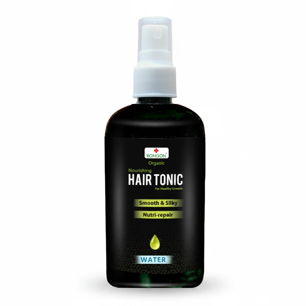 A 200ml bottle of Revel Hair Tonic with a white label and green accents. The bottle has a pump dispenser.