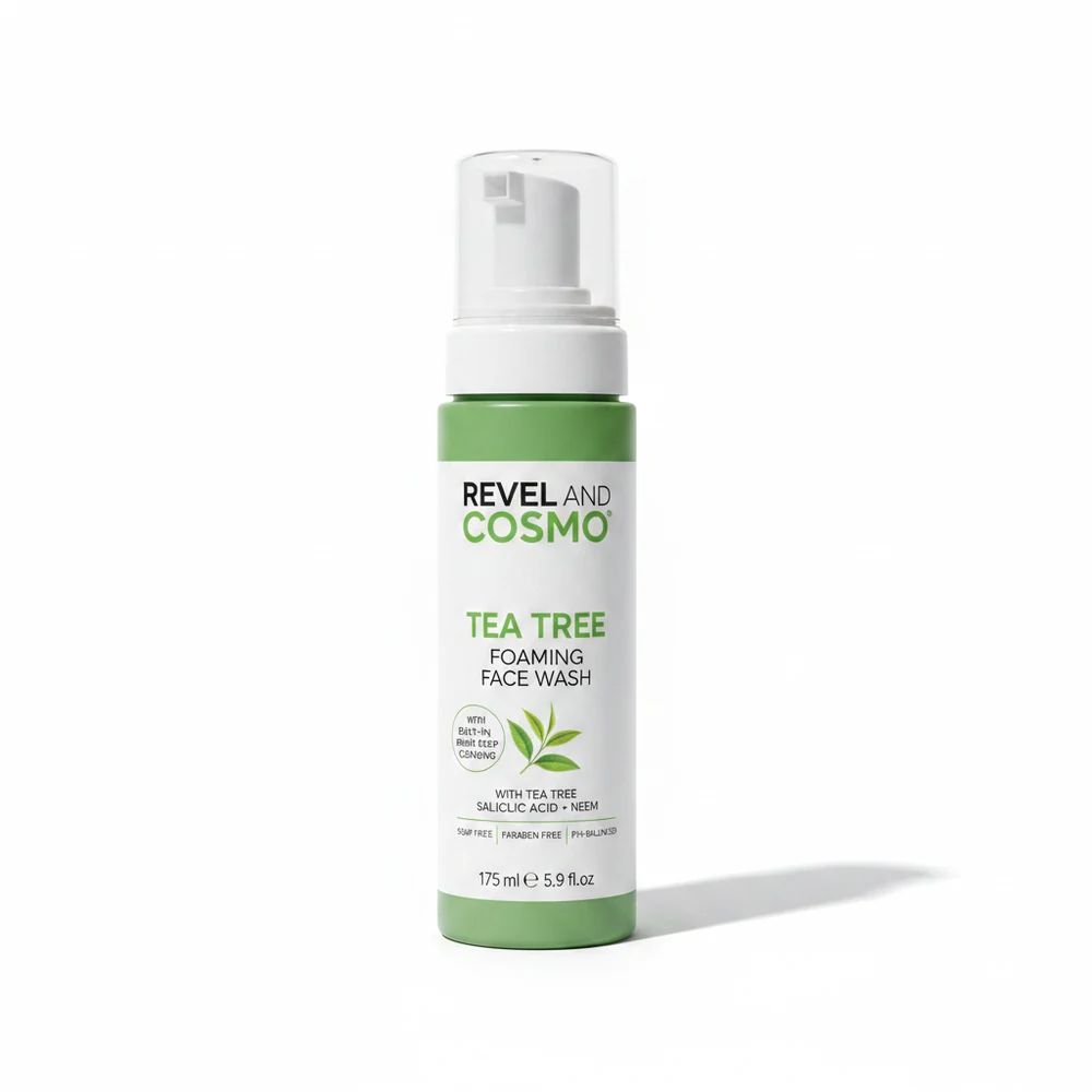 A 175ml bottle of Revel Beauty Instant Glow Foaming Face Wash with a built-in brush. The bottle has a white label with the Revel Beauty logo and product name.