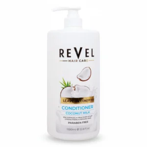 A bottle of Revel Nourishing Leave-In Conditioner with a white label, green cap, and Argan Oil and Shea Butter graphics