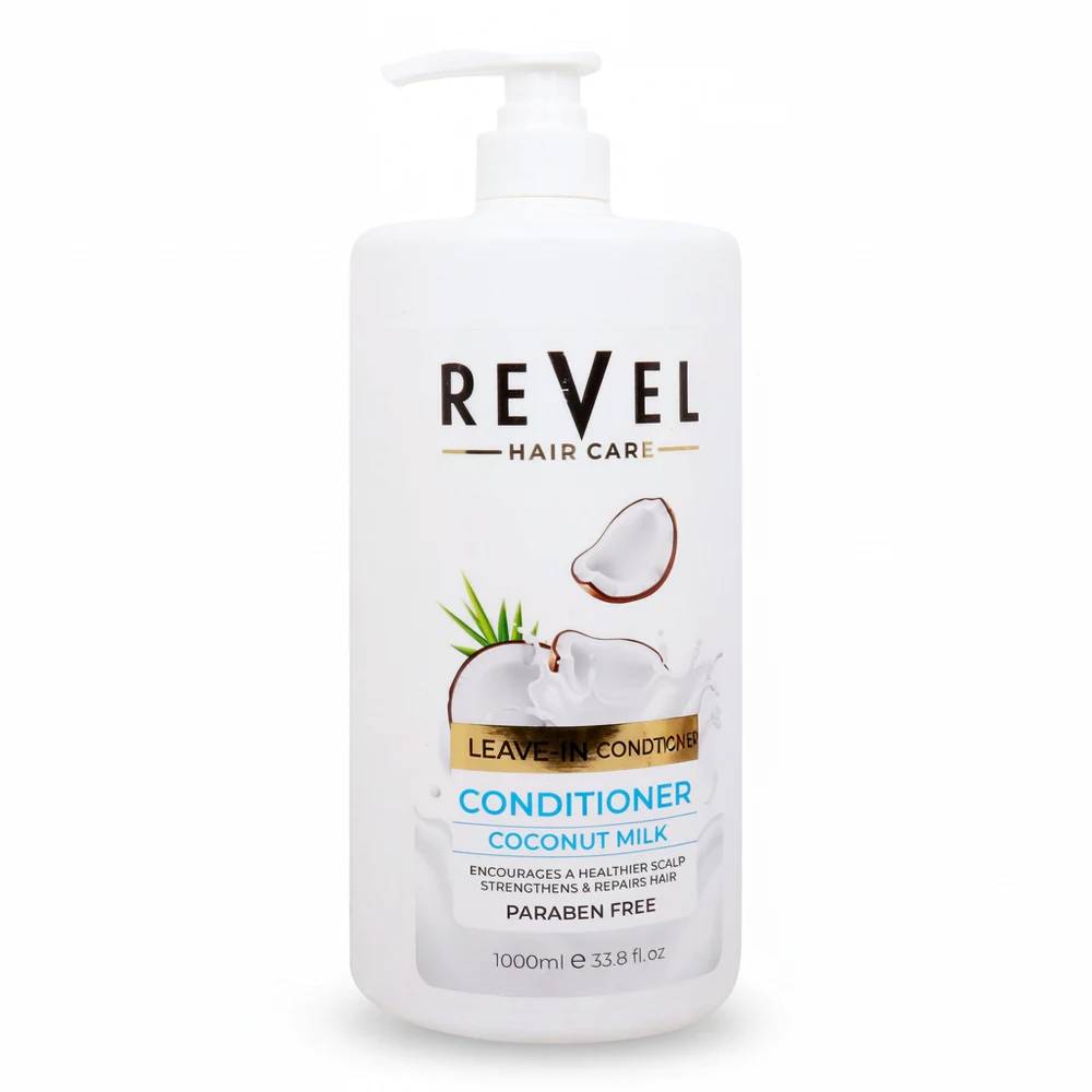 A bottle of Revel Nourishing Leave-In Conditioner with a white label, green cap, and Argan Oil and Shea Butter graphics