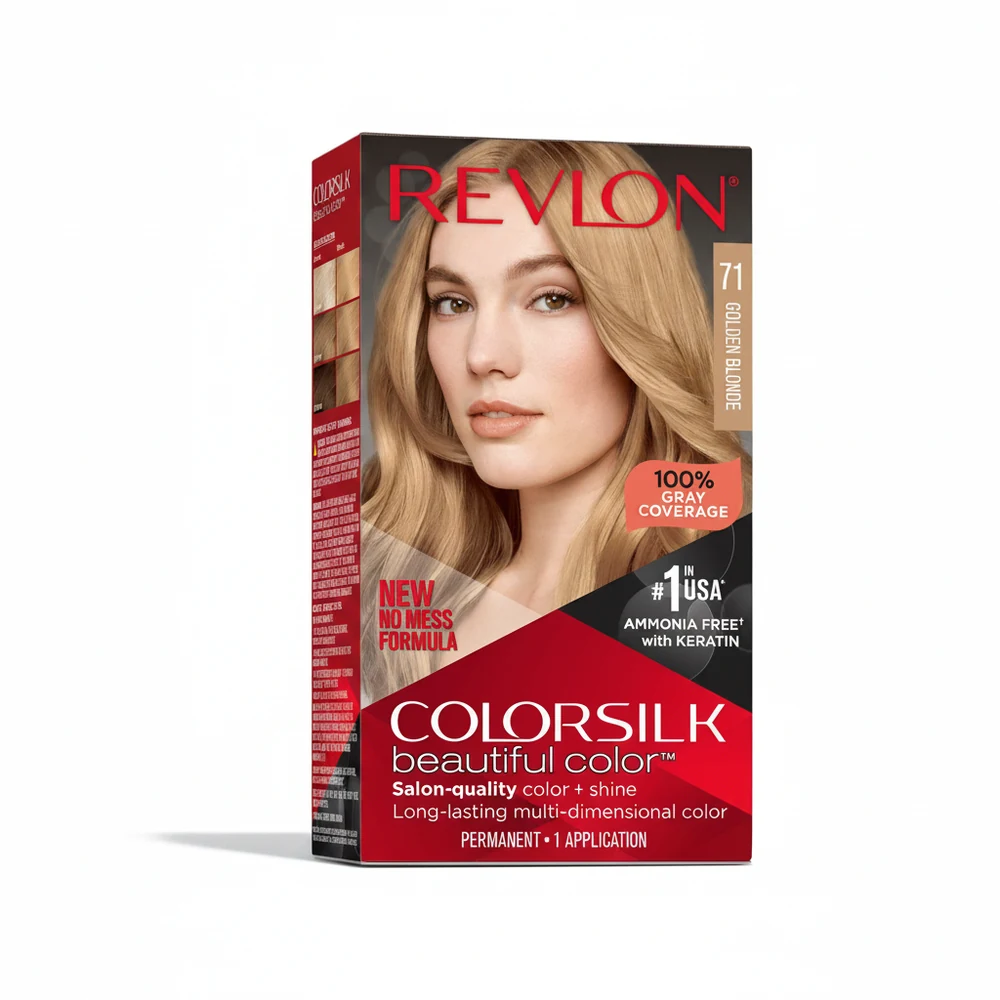 Revlon ColorSilk Permanent Hair Color box in brown and blue, showing the hair color product inside
