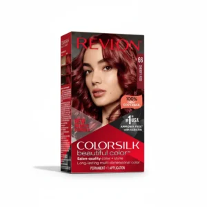 A box of REVLON Hair Color in a vibrant red shade. The box features the Revlon logo and displays the product name and key ingredients like Aqua, Oleic Acid, and Wheat Amino Acids.