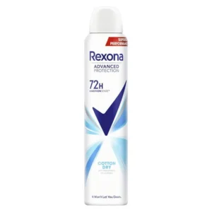 A cylindrical can of Rexona deodorant spray in white and blue colors, with the Rexona logo and product name visible on the label.