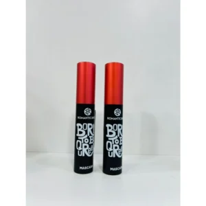 A black and gold mascara tube with the Romantic Bird logo. The mascara wand has a curved, volumizing brush.