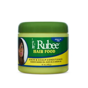 A jar of Rubee Hair Food in a light brown color, with the Rubee logo and product name printed on the label.