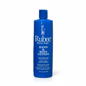 A bottle of Rubee Beauty Magic Hand & Body Lotion. The bottle is round with a white label featuring the Rubee logo and product name in pink text.
