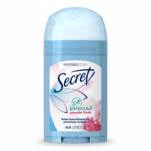A white and blue deodorant stick with the Secret logo and 'Powder Fresh' label