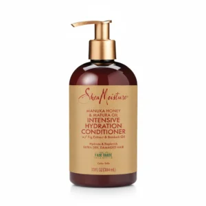 Bottle of Shea Moisture Raw Shea Butter Deep Moisturizing Conditioner in light green color with label showing product name and ingredients