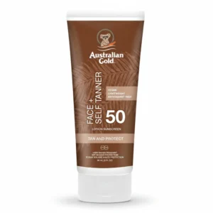 A bottle of Australian Gold Botanical Tinted Face Sunscreen in a rich, deep shade. The label features the brand name, product name, and SPF 50 protection.