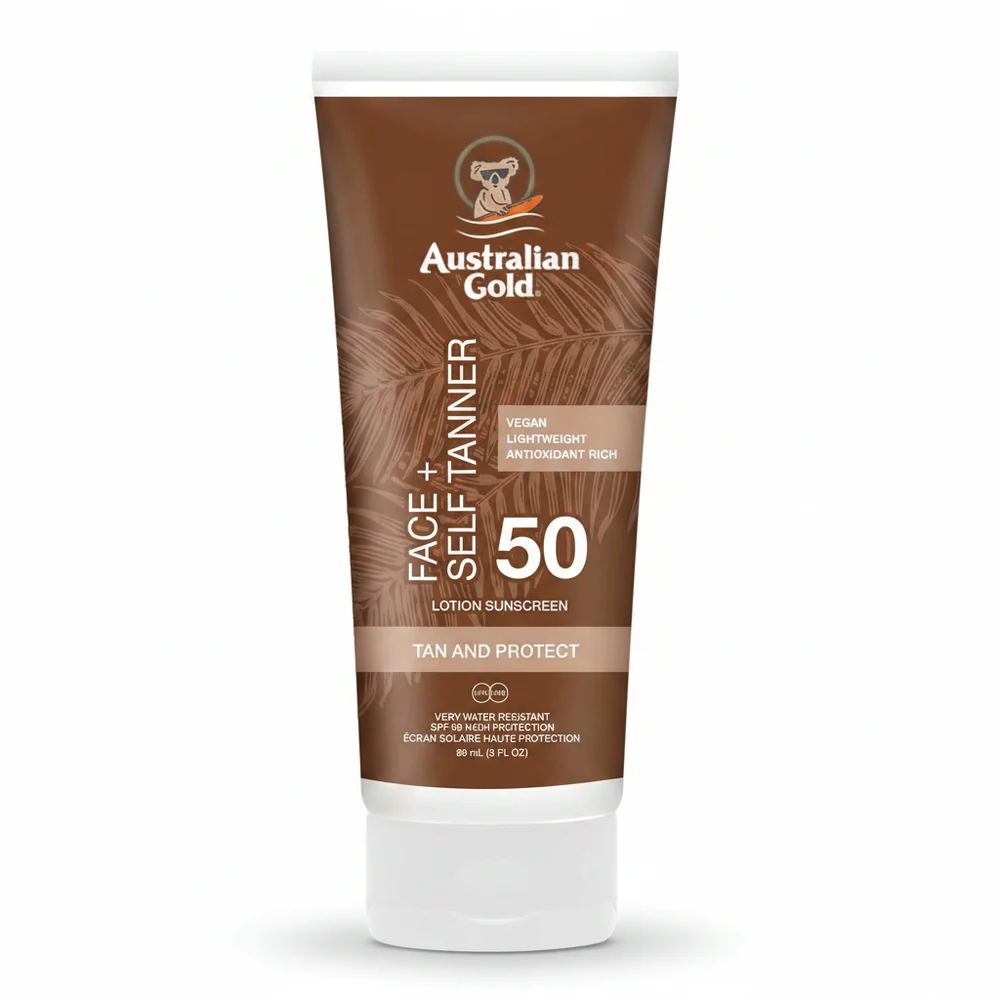 A bottle of Australian Gold Botanical Tinted Face Sunscreen in a rich, deep shade. The label features the brand name, product name, and SPF 50 protection.