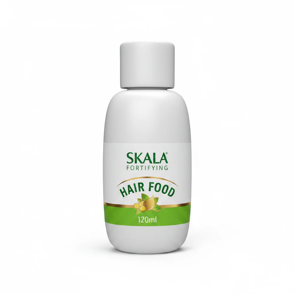 A bottle of Skala Fortifying Hair Food in a light green color, with a white label displaying the product name and size.