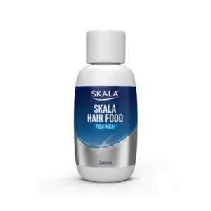 A bottle of Skala Hair Food for Men, with a green and white label. The bottle contains 240ml of the nourishing hair treatment.