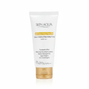 A bottle of Skin Aqua Moisturizing Serum SPF 27 in a white and blue color scheme. The label displays the product name and SPF protection level.