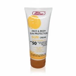 A white bottle with a blue and green label, containing Skin Doctor Sun Protective Cream SPF 50 sunscreen.