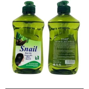 A clear glass bottle with a white label containing a light yellow-colored snail hair oil. The label has the product name 'Snail Hair Oil' printed on it.