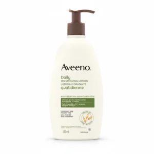 A bottle of Aveeno Adult Daily Moisturizing Lotion with a white and green label. The bottle contains 532 ml of product.