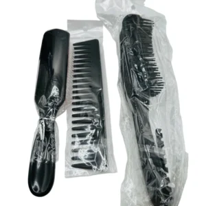 A set of two wooden hair combs in a compact size. One comb has wide teeth, the other has fine teeth. The combs are a light brown natural wood color.