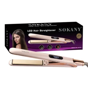 A black and silver hair straightener with the Sokany logo on the handle. The straightener has ceramic plates and a 360-degree swivel cord.