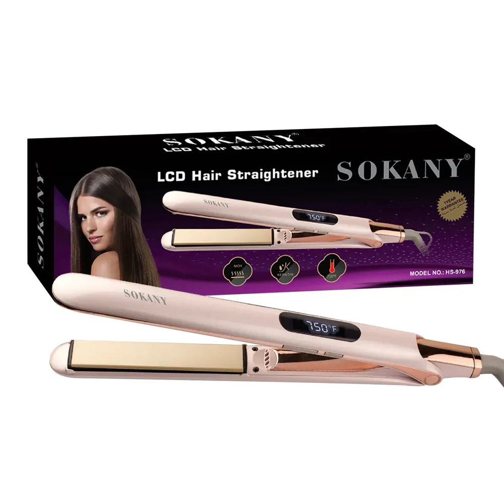 A black and silver hair straightener with the Sokany logo on the handle. The straightener has ceramic plates and a 360-degree swivel cord.