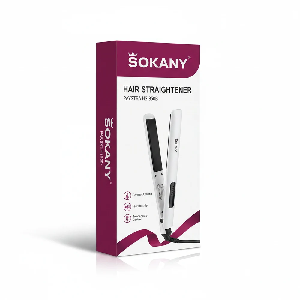 A black and silver hair straightener with the Sokany logo on the handle. The straightener has ceramic-coated plates and an adjustable temperature dial.