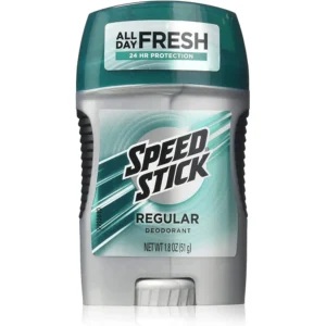 A white and blue deodorant stick in a cylindrical plastic container