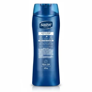 A bottle of Suave for Men Body and Face Wash, with a blue and white label. The bottle has a pump dispenser and contains 828ml of product.