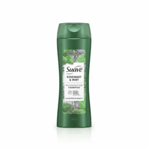 A green and white 532ml bottle of Suave Invigorating Shampoo with a label featuring the Suave logo, product name, and key ingredients of rosemary and mint.