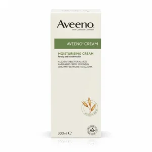 A bottle of Aveeno Skin Relief Moisturizing Lotion with a white label and green accents. The bottle contains 300ml of product.