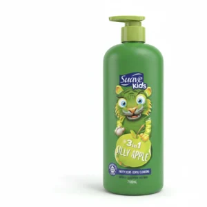A bottle of Suave Kids 3-in-1 Shampoo, Conditioner & Body Wash in a pink and white color scheme. The label features the Suave Kids logo and 'Watermelon Wonder' branding.