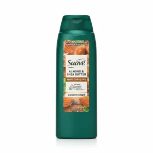 A white plastic bottle of Suave Moisturizing Conditioner with Almond & Shea Butter. The label features the Suave logo, the product name, and an image of almond and shea butter ingredients.