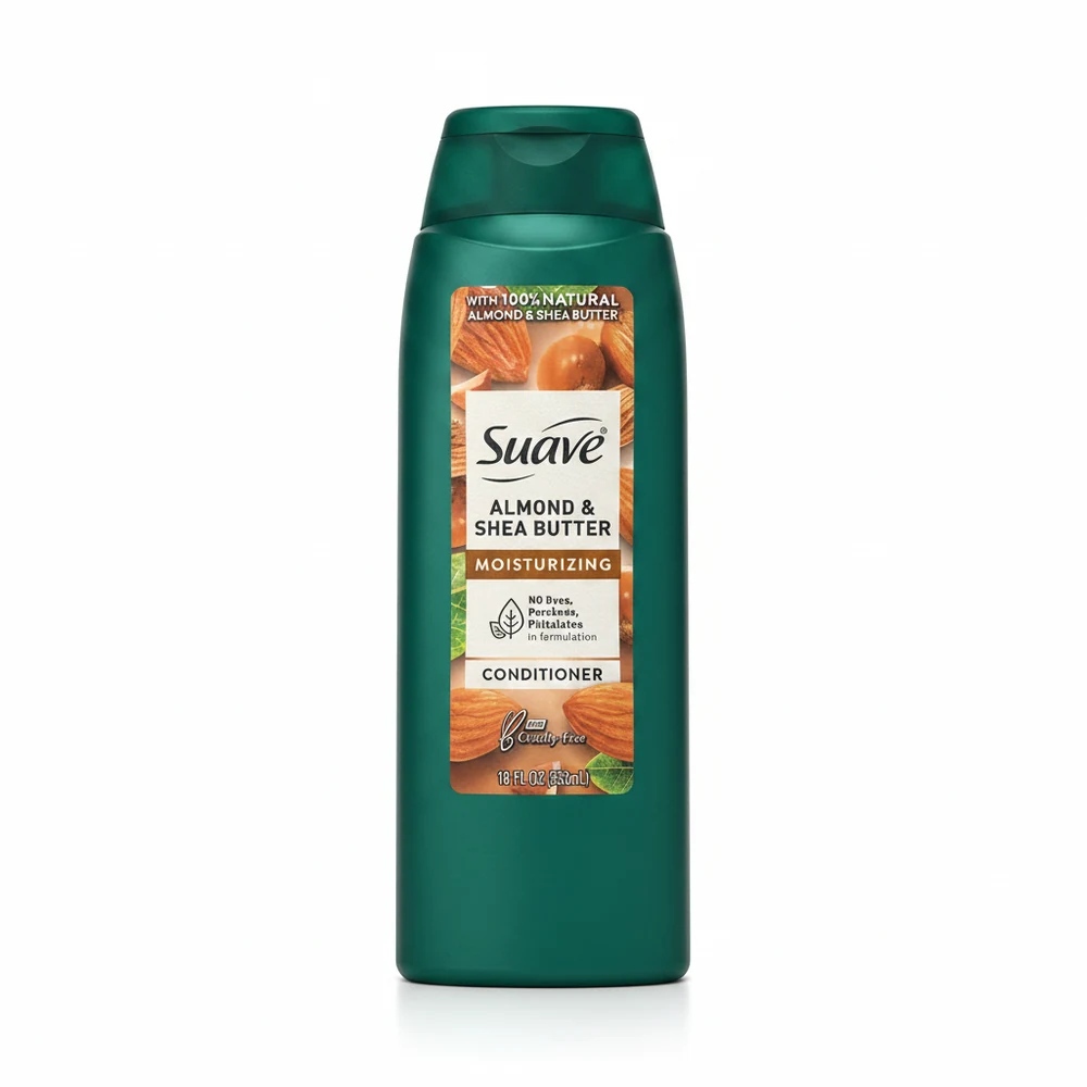 A white plastic bottle of Suave Moisturizing Conditioner with Almond & Shea Butter. The label features the Suave logo, the product name, and an image of almond and shea butter ingredients.
