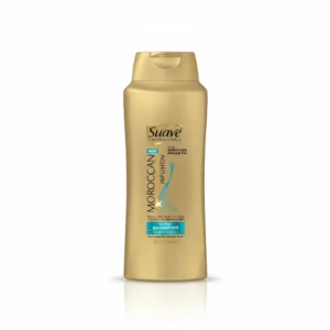 A bottle of Suave Professionals Volumizing Shampoo with Rose Oil. The bottle is pink and white in color, with the Suave logo and product name clearly visible on the label.