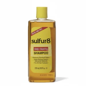 A bottle of Sulfur 8 Deep Clean Shampoo in a white and blue color scheme. The label prominently displays the Sulfur 8 brand name and indicates the product is a 259ml deep clean shampoo.