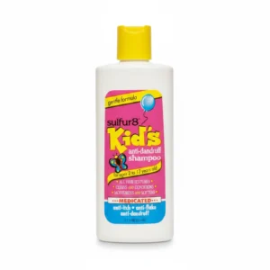 A bottle of Sulfur 8 Kids Medicated Anti-Dandruff Shampoo in a light blue color with a white label and cap