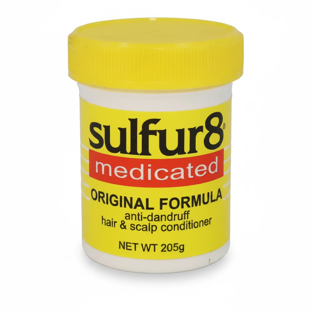A white bottle with a blue label that says 'Sulfur8 Medicated Anti-Dandruff Hair & Scalp Conditioner' in black text. The bottle contains 205g of product.