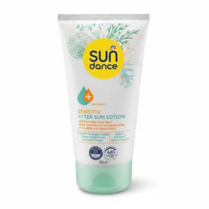 A white and blue bottle of SUNDANCE Intensiv Senstiv After Sun Lotion with a label showing the product name, size, and key ingredients like aloe vera and hyaluronic acid.