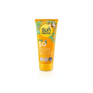A bottle of Sun Dance Kids Sunscreen SPF 50+ with a blue and white label. The bottle has a pump dispenser and contains a white, lotion-like sunscreen formula.