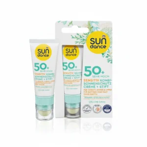 A round, cylindrical lip balm in a white and blue tube with the Sundance logo. The label indicates SPF 50 and SPF 30 sun protection.