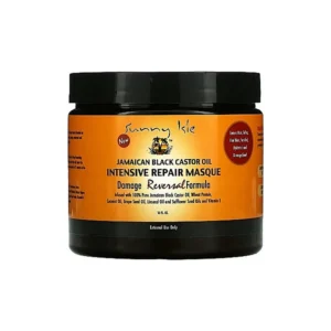 A 6 oz bottle of Sunny Isle Jamaican Black Castor Oil Intensive Repair Masque. The bottle has a black label with the Sunny Isle logo and product name.