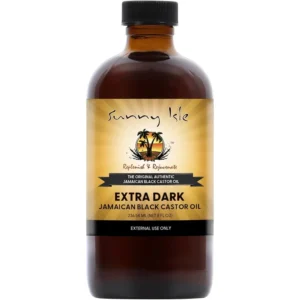 Bottle of Sunny Isle Extra Dark Jamaican Black Castor Oil with black label and yellow cap