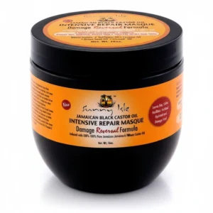 A 16 oz jar of Sunny Isle Jamaican Black Castor Oil Intensive Repair Masque. The jar has a black label with the brand name and product name printed in white text.