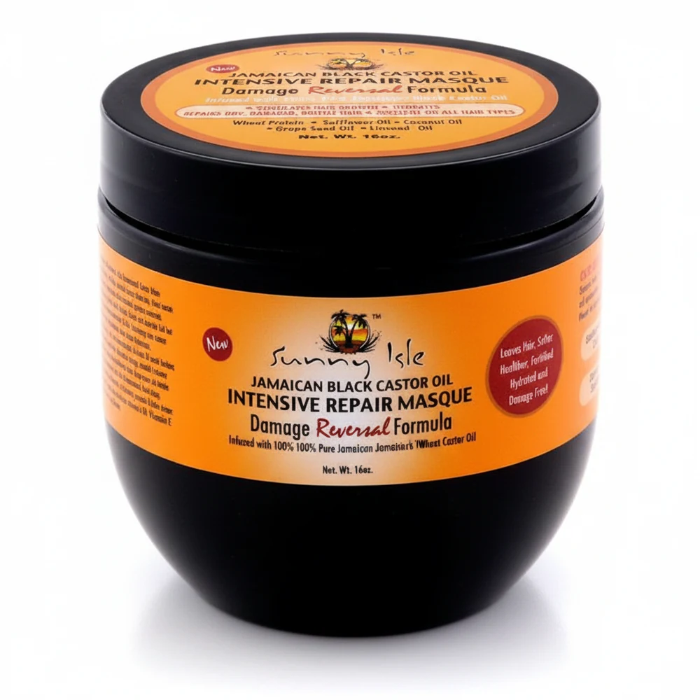 A 16 oz jar of Sunny Isle Jamaican Black Castor Oil Intensive Repair Masque. The jar has a black label with the brand name and product name printed in white text.