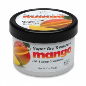 A bottle of Swiss Jardin Mango Hair & Scalp Conditioner Super Gro Treatment. The bottle is round with a green and yellow label featuring the Swiss Jardin logo and product name.