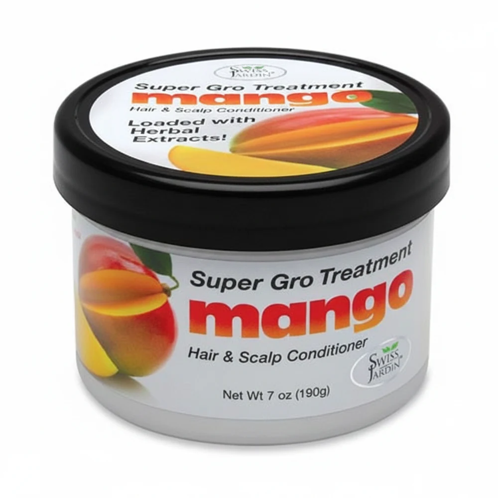 A bottle of Swiss Jardin Mango Hair & Scalp Conditioner Super Gro Treatment. The bottle is round with a green and yellow label featuring the Swiss Jardin logo and product name.