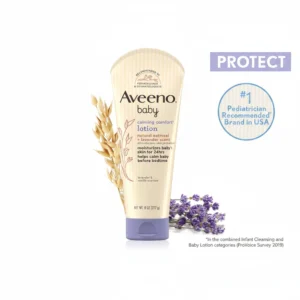 A bottle of Aveeno Baby Calming Comfort Lotion with a white label featuring the Aveeno logo, the product name, and an image of a lavender flower.