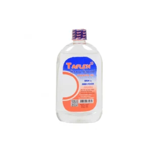 A clear glass bottle containing Taflen Heavy Liquid Paraffin Oil. The label shows the Taflen brand name and product details.