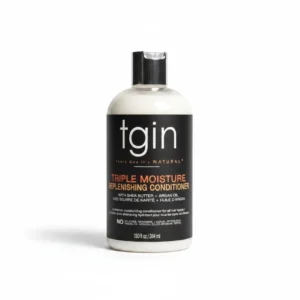 A bottle of tgin Replenishing Conditioner with a white label and green accents. The bottle is cylindrical in shape and contains 384ml of product.