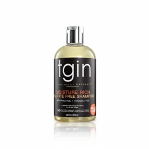 A bottle of tgin Sulfate-Free Replenishing Shampoo with a green and white label, featuring the tgin logo and product name. The bottle has a pump dispenser.
