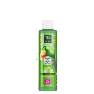 A bottle of THERA DERM Avocado Hair Oil with a green and white label. The bottle is made of clear glass and contains a light green-colored oil.